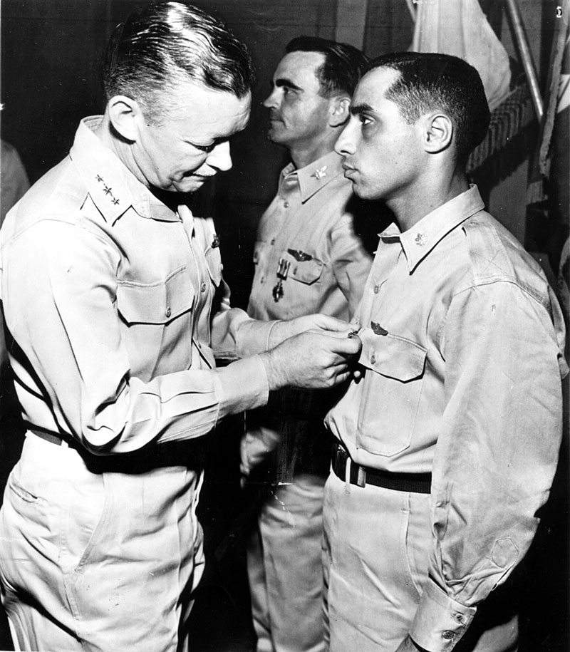 Lt. Gen. Samuel Anderson presents awards to Col. James K. Johnson and Major James Jabara